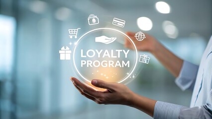 Customer loyalty program concept with icons and glowing circle held by hands