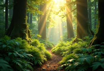 sunlit forest vibrant green foliage lush nature wilderness beams light sunshine, sunlight, tress, leaves, plants, spring, thicket, bloom, brush, canopy, shade