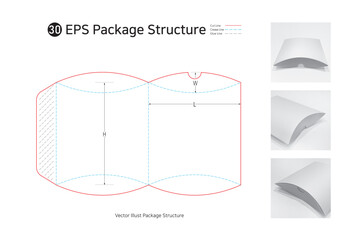 P1_30. It is a pillow shaped box and is used as a gift for clothing or accessories. package Dieline. Box structure. 