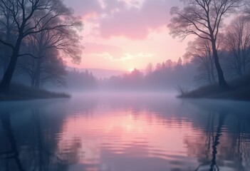 Obraz premium tranquil lake dusk silhouettes calm water reflections peaceful nature evening serenity trees, sunset, sky, clouds, twilight, stillness, vista, park