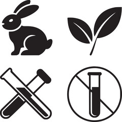 A set of four icons depicting a rabbit, leaves, crossed test tubes, and a prohibited test tube symbol