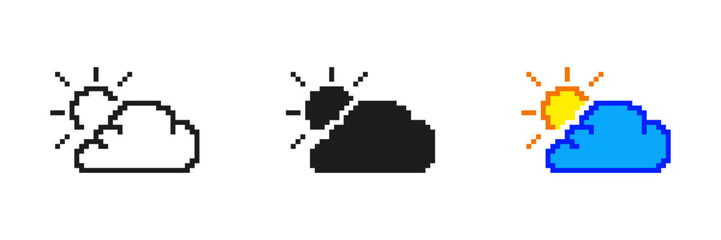 Partly Cloudy Icon Set In Pixel Art. Pixelated Cloud and Sun Symbol for Weather Forecast. Isolated Vector Illustration