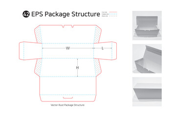 P1_42. It is a trapezoidal four-sided adhesive box with an open top and is used for hot dogs, gimbap, salads, and vegetable packaging. package Dieline. 