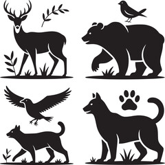 A collection of black silhouette illustrations featuring animals such as a deer, bear, birds, and dogs