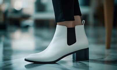 Stylish white leather ankle boot. Modern design with black accents. Clean lines and simple aesthetic. Generative Ai