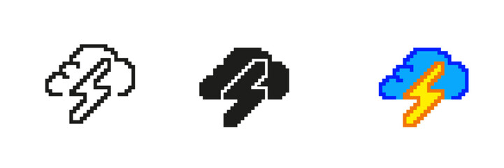 Storm Cloud with Lightning Icon Set In Pixel Art. Pixelated Thunderstorm Weather Symbol. Stormy Conditions Sign. Isolated Vector Illustration