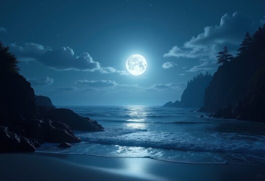 glowing moonrise serene coastal panorama peaceful night landscape, sea, beach, water, sky, reflection, clouds, tide, waves, moonlight, dusk, harbor, shore