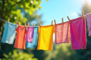 Colorful Laundry Drying in Sunshine Fresh Spring Summer Clothesline Scene