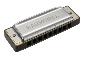 Close-up of a silver harmonica with engraved numbers and the word harmonica on a transparent background, suggesting musical potential