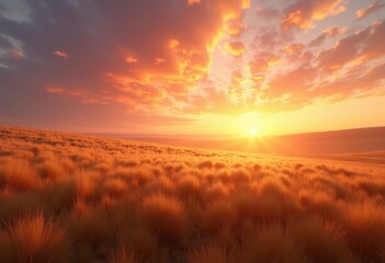 golden grasslands vibrant sunset sky nature colorful landscape evening serenity horizon, field, clouds, wilderness, meadow, flora, vista, scenery, outdoors
