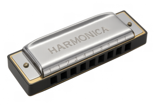 Close-up of a silver harmonica with engraved numbers and the word harmonica on a transparent background, suggesting musical potential