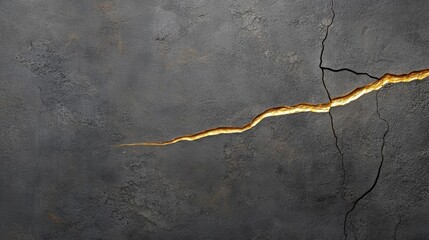 Close-up of a crack running horizontally across a dark grey textured surface. the crack appears to be deep and wide, with a thin, jagged line running through it.