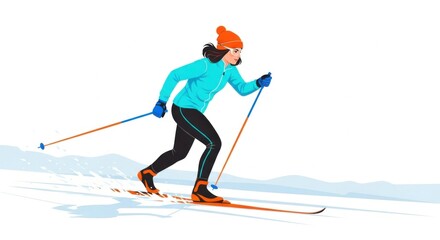 Woman Cross Country Skiing in Winter Scene