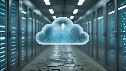 Digital representation of a cloud over a server room with glowing lights and a modern atmosphere