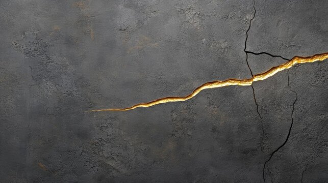 Close-up of a crack running horizontally across a dark grey textured surface. the crack appears to be deep and wide, with a thin, jagged line running through it.