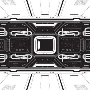 A detailed illustration of a futuristic spaceship interior with panels and intricate designs shown