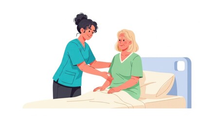 Fototapeta premium Nurse Assists Patient in Hospital Bed