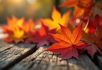 vibrant autumn leaves fallen rustic wooden table top decor nature colors seasonal change, texture, furniture, orange, red, yellow, brown, background