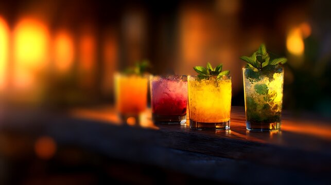 Row of colorful cocktails with mint garnish on a dark wood bar under warm lighting creating a vibrant and inviting