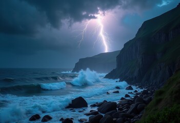 Obraz premium lightning strike over dramatic coastal cliffs ocean storm sky bold nature power, sea, rocks, landscape, clouds, rain, waves, shore, stormy, danger, bolt