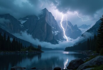 lightning striking dramatic mountain backdrop nature landscape thunderstorm clouds, sky, peak, cliff, dusk, view, rocky, scenic, stormy, mountainrange