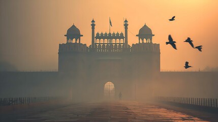 A lone figure enters the Red Fort in Delhi as birds take flight in the hazy dawn evoking history mystery and journey