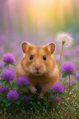 Hamster in wildflower meadow with purple clover, dandelion tuft, green grass, cute animal portrait, and spring garden scene

