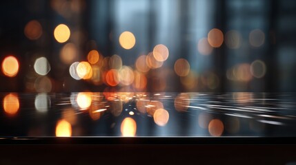 A blurred urban scene featuring colorful bokeh lights reflecting off water, creating a dreamy ambiance.