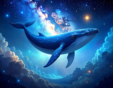blue whale swimming in space