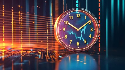 Digital clock displaying time and stock market data amidst glowing lines and abstract background - Powered by Adobe