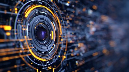 Abstract depiction of a complex digital eye or futuristic machinery with glowing orange lights and geometric patterns on