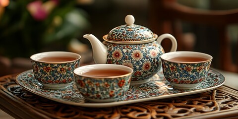 Fototapeta premium Elegant Tea Set with Floral Design Teapot and Cups on Ornate Tray