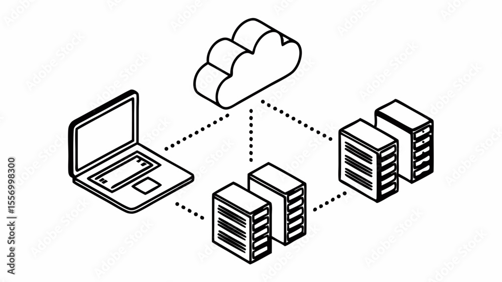 Poster isometric view of a laptop connected to a cloud and servers with dotted lines showing network create