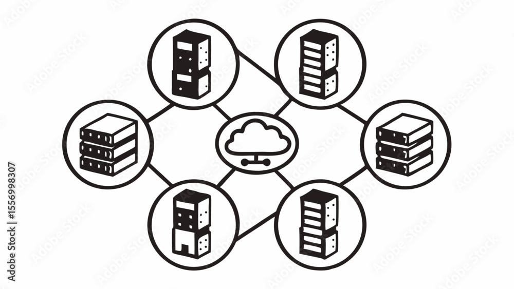 Poster Illustration of a cloud network connected to multiple servers in a distributed system setup diagram created with generated ai