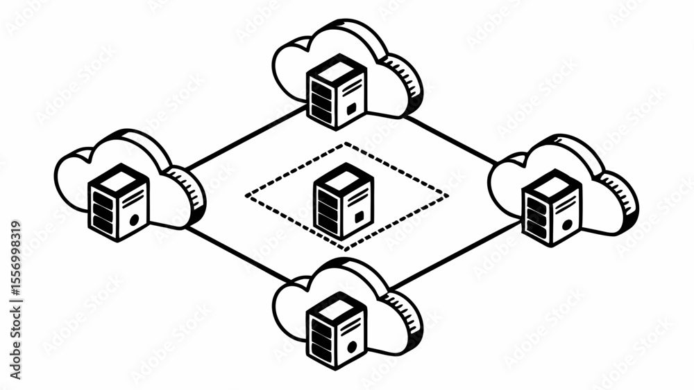 Poster network diagram showing cloud servers connected to a central server with dotted line square, simple 