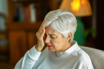 Senior woman with gray hair sitting in a cozy living room, holding her head in discomfort, conveying sense of stress and fatigue, surrounded by warm lighting and soft furnishings