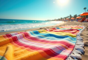 vibrant beach towels bursting color sandy shoreline under clear blue sky, ocean, surf, tropical, vacation, holiday, relaxation, sunshine, beachwear