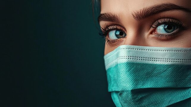 Close-up portrait of a woman's face. she is wearing a surgical mask that covers her nose and mouth. the mask is made of a light blue fabric with white stripes running horizontally across it.