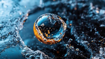 Close-up of a single orange-colored sphere floating in the water. the sphere appears to be made of glass or a similar material and is spherical in shape.