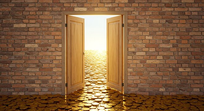 An open door in a brick wall revealing a sea of gold coins and a bright future. (AI Generated)