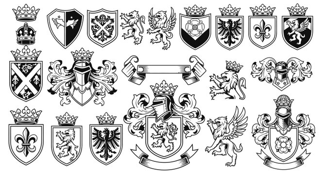 Heraldic Crests Set Vector Vintage Ornament Design.