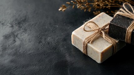 Two handmade soaps tied together with twine on a black textured background. the soap bars are rectangular in shape and appear to be made of a light-colored soap with a speckled texture.