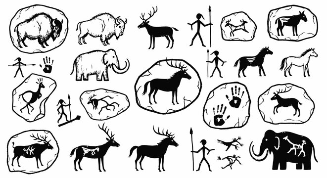 Cave Painting Set Ancient Art Symbols.