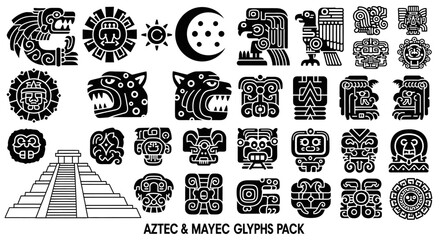 Aztec Mayan Glyphs Symbols with Tribal, and Vector.