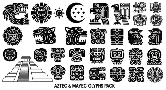 Aztec Mayan Glyphs Symbols with Tribal, and Vector.