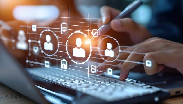 Person managing digital network connections, using a stylus and laptop to interact with virtual profiles.