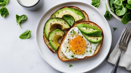 Plate with two slices of toast topped with sliced avocado and a fried egg. the toast is golden brown and appears to be freshly baked. the egg is cooked sunny-side up and has a runny yolk.