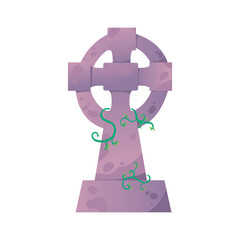 Cross-shaped tombstone vector with green vines in cartoon style, perfect for Halloween invitations, haunted house decor, scary poster graphics, October event visuals, and spooky holiday design project