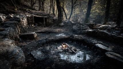 Obraz premium and keyword list based on your imageForest Campfire Scene Embers Glow in Woods