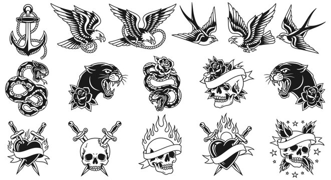 Tattoo Designs Vector Set with Old School Style.